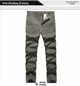 Army green men's straight casual trousers showing waistband and metal zipper details
