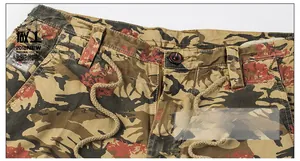 Detailed macro view of camo cargo shorts featuring durable cotton and drawstring waist