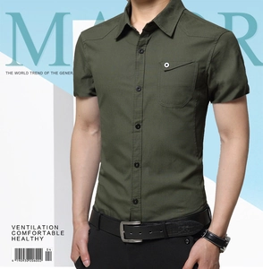 Detail of army green slim fit shirt featuring utility pocket with metal ring detail