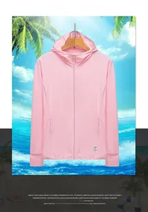 Pink hooded sun protection jacket with UPF 50+ rating and thumbhole sleeve details