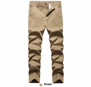Detail of khaki men's straight casual pants with metal button and zipper closure