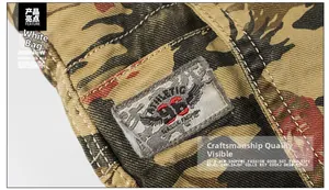 Detail of cargo short pocket with camo print, double stitching and athletic badge