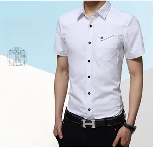 Detail view of slim-fit white short-sleeved cotton shirt with chest pocket and lapel