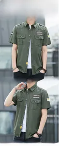 Dettaglio della camicia cargo verde militare a maniche corte con tasche sul petto
