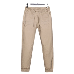 Men's khaki joggers cargo pants with elastic waist and back pockets on white background