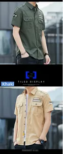 Dettagli camicia militare a maniche corte con tasche sul petto e toppe ricamate