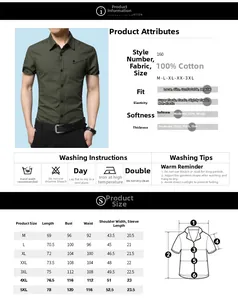 Size chart for slim fit cotton short sleeve shirt with detailed product specifications