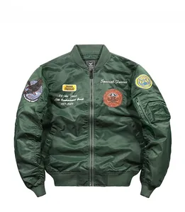 Detailed embroidery patches and utility pocket on military green MA-1 bomber jacket