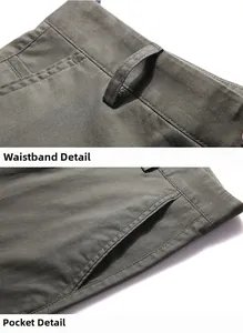 Detail view of reinforced waistband loops and side slant pockets on olive twill casual pants