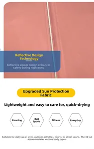 Pink sun protection jacket detail featuring a reflective zipper and tech fabric