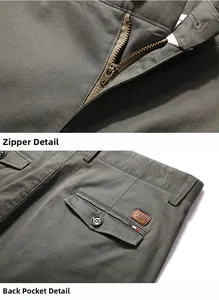 Detailed views of durable metal zipper and olive cotton twill pants back pocket with flap