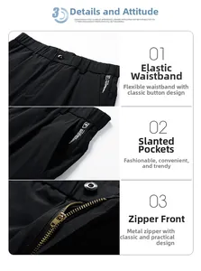 Détails de la taille élastique, du zip en métal et des poches latérales du short homme