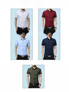 Slim fit men's cotton short sleeve shirts in white, burgundy, blue, and army green