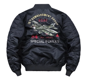 Detail view of military bomber jacket back with vintage US Air Force embroidery