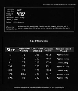 Size chart for men's 100% cotton casual short sleeve shirt with detailed measurements