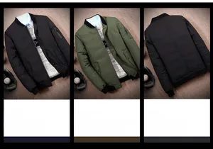 Detailed view of black and army green bomber jackets with ribbed cuffs and sleeve pocket