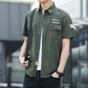 Camicia da Lavoro a Manica Corta da Uomo in Stile Militare in Cotone Top Casual Con Doppie Tasche sul Petto e Spalline Camicia di Moda Outdoor