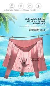 Detail of light pink sun protection hoodie with breathable mesh fabric for summer beach wear