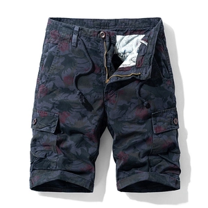 Men's loose cargo shorts with dark camouflage print and drawstring waist