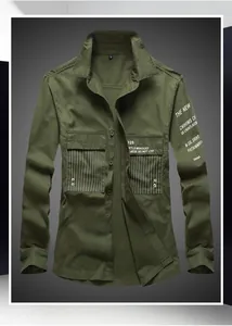 Close-up of military green work shirt featuring striped patchwork pockets and decorative text