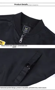 Detailed view of the ribbed stand-up collar and buttoned pockets of a black bomber jacket