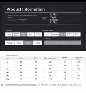 Detailed size guide for men's slim fit winter down jacket including M to 4XL measurements