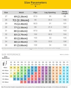Detailed size guide table for men's slim fit stretch denim jeans with height and weight charts