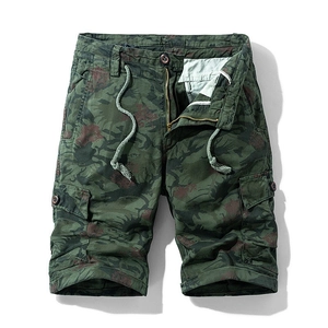 Mens summer cargo shorts with classic woodland camouflage pattern and drawstring waist