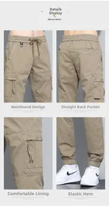 Detail view of khaki cargo pants showing elastic drawstring waist and side zipper pockets