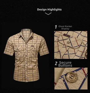 Close-up of dual chest pockets and branded metal buttons on men's khaki plaid shirt