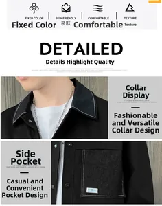 Detailed view of black jacket with white contrast stitching and durable snap buttons