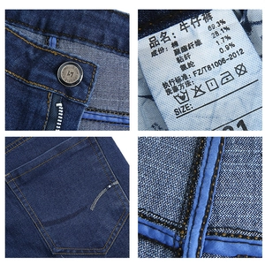 Detailed views of men's blue jeans showing metal button, zipper, and precise stitching