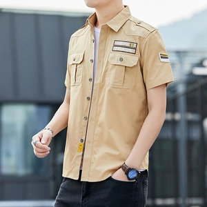 Camicia cargo da uomo kaki a maniche corte con tasche a patta e stile casual moderno