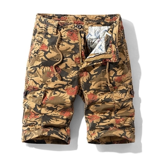 Men's loose cargo shorts featuring brown camouflage print with red floral accents
