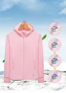 Detail of light pink sun protection hoodie with UPF 50+ color changing test logo