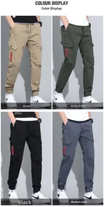 Detail display of cargo joggers in four colors with side pockets and red zippers