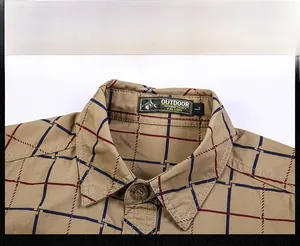 Close-up of the classic turn-down collar on a khaki plaid cotton casual shirt