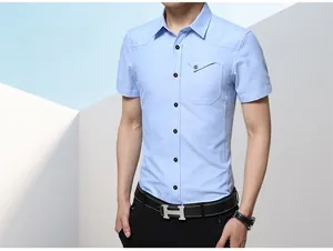 Detail of light blue short sleeve shirt featuring pointed collar and dark contrast buttons