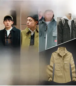 Collage of military cargo shirts in khaki, black, and army green with chest pockets