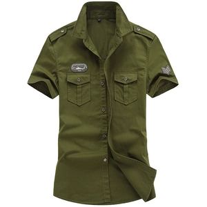 Men's Military Style Short Sleeve Shirt 100% Cotton Casual Slim Fit Work Top With Shoulder Epaulettes And Chest Pockets