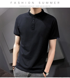 Detail of slim fit black Polo shirt showing three-button placket and knit texture