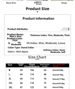 Size chart for men's stand collar nylon vest with detailed measurements from M to 3XL
