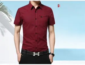 Close-up of the wine red short sleeve shirt collar and decorative chest pocket