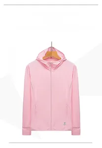 Detail showing pink UPF 50+ sun protection jacket with hood and functional thumb hole cuffs