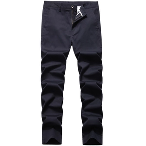 Navy blue men's high-waisted straight-leg cotton casual trousers with a minimalist design