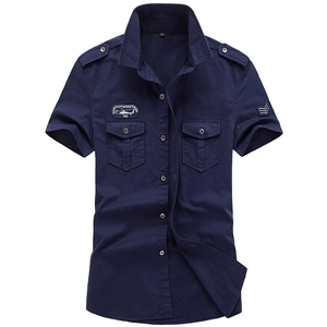 Short sleeve navy blue military style cotton shirt with chest pockets and shoulder epaulets