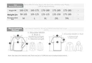 Size guide for men's vintage denim jacket showing height and weight measurement chart