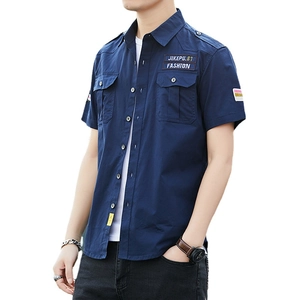 Camicia da uomo a maniche corte blu navy stile militare con tasche sul petto e spalline