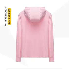 Rear view of a pink women's sun protection hoodie with breathable fabric texture