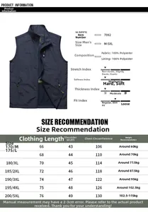 Detailed size chart for outdoor fishing vest with dimensions from M to 5XL
